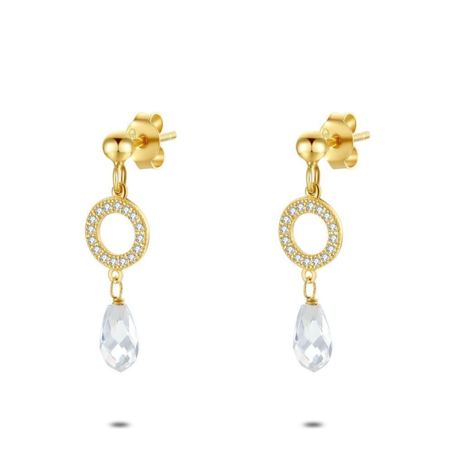 Women Twice As Nice | 18Ct Gold Plated Silver Earrings, Circle With Zirconia, Drop