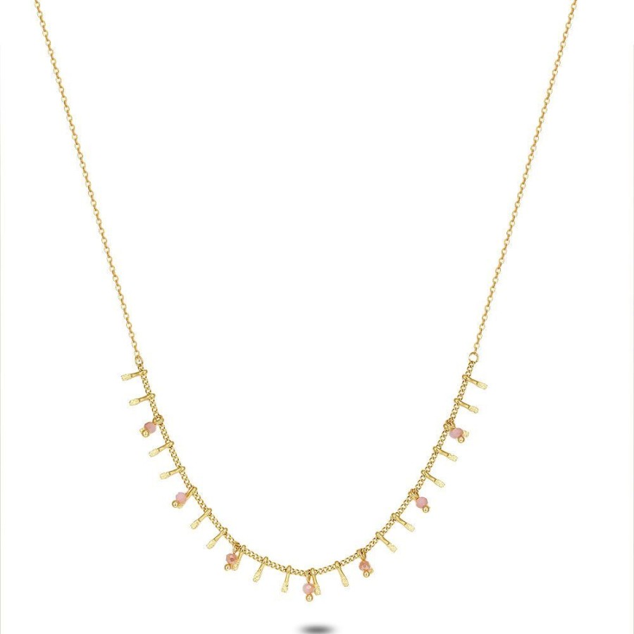 Women Twice As Nice | Gold Coloured Stainless Steel Necklace, 8 Pink Crystals