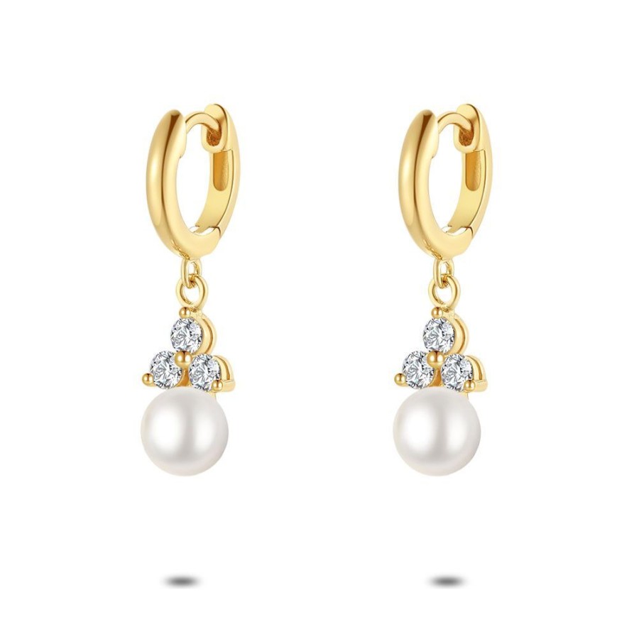 Women Twice As Nice | 18Ct Gold Plated Silver Earrings, Hoops, 3 Zirconia, 1 Pearl