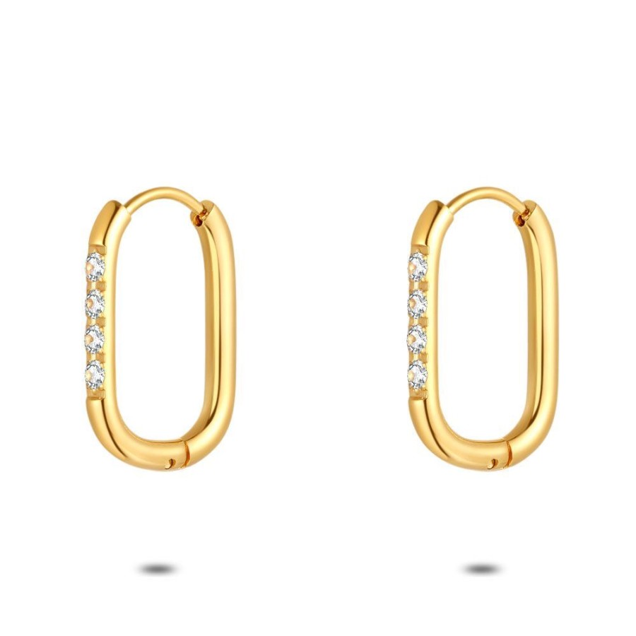 Women Twice As Nice | Gold Coloured Stainless Steel Earrings, Oval Hoop Earring, Stones