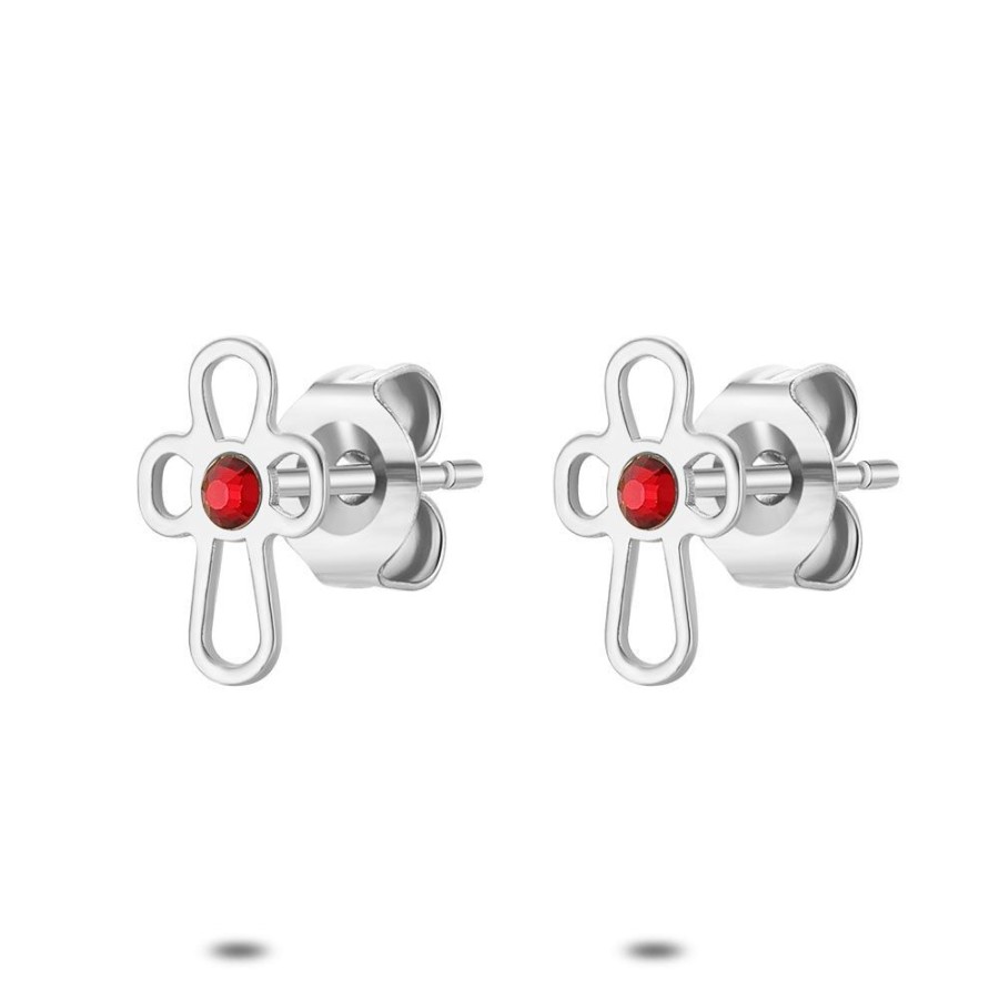 Women Twice As Nice | Silver Earrings, Rounded Cross, Red Crystal