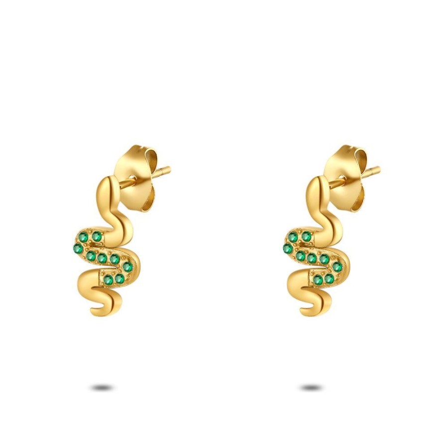 Women Twice As Nice | Gold Coloured Stainless Steel Earrings, Snake, Green Crystals