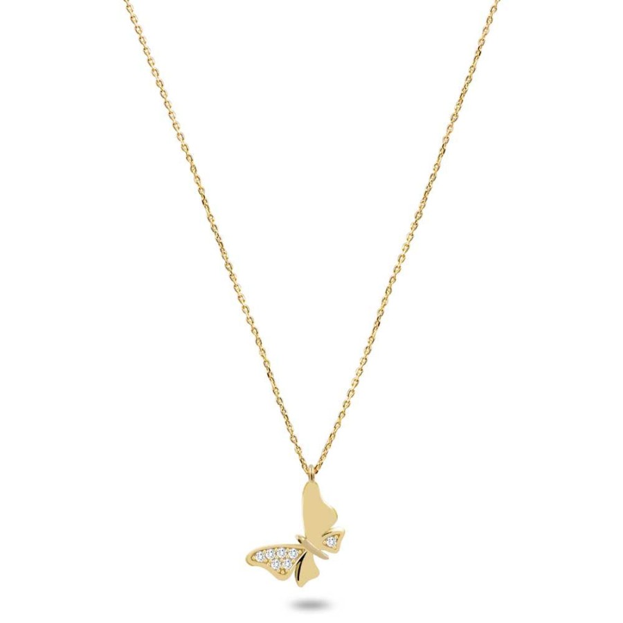 Women Twice As Nice | 18Ct Gold Plated Silver Necklace, Butterfly With White Zirconia