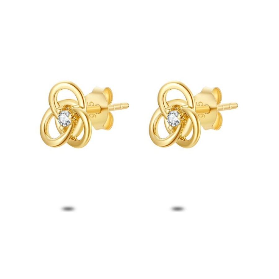 Women Twice As Nice | 18Ct Gold Plated Silver Earrings, Open Flower,1 Zirconia