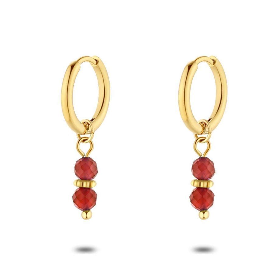 Women Twice As Nice | Gold Coloured Stainless Steel Earrings, 2 Red Stones