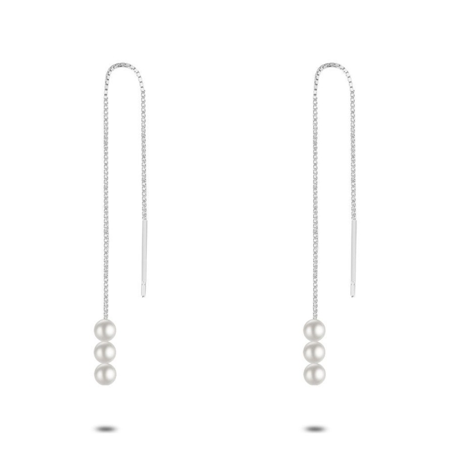 Women Twice As Nice | Silver Earrings, 3 Pearls On Chain