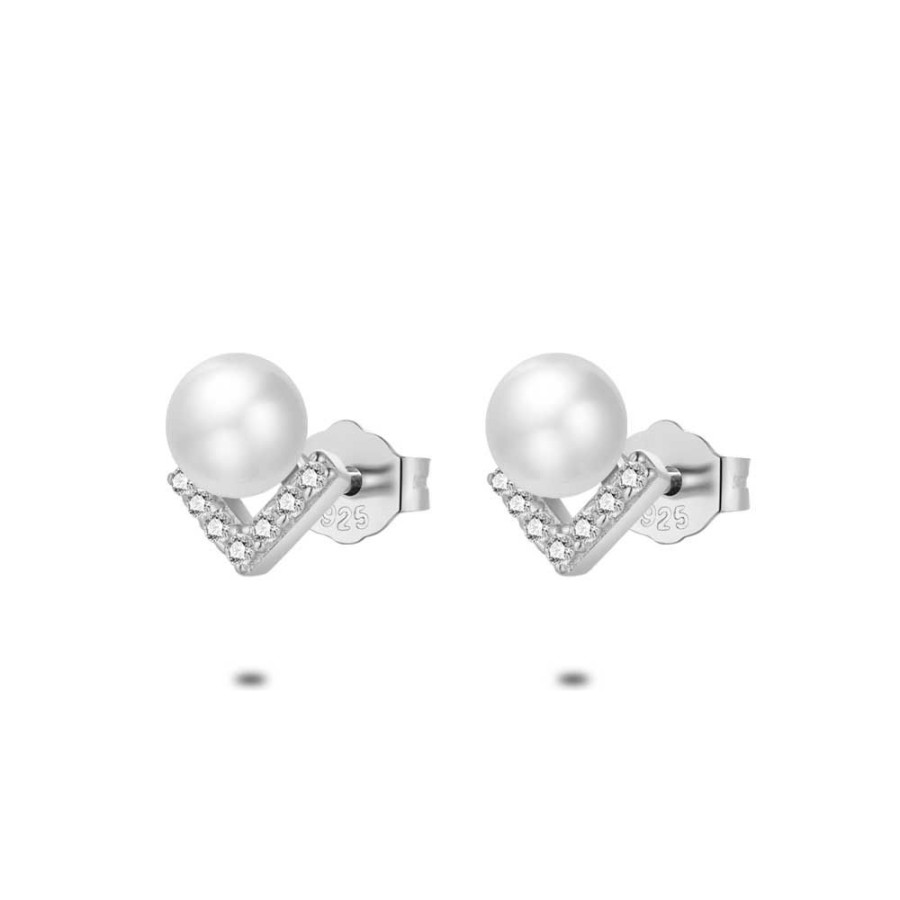 Women Twice As Nice | Silver Earrings, Freshwater Pearl, V In Zirconia