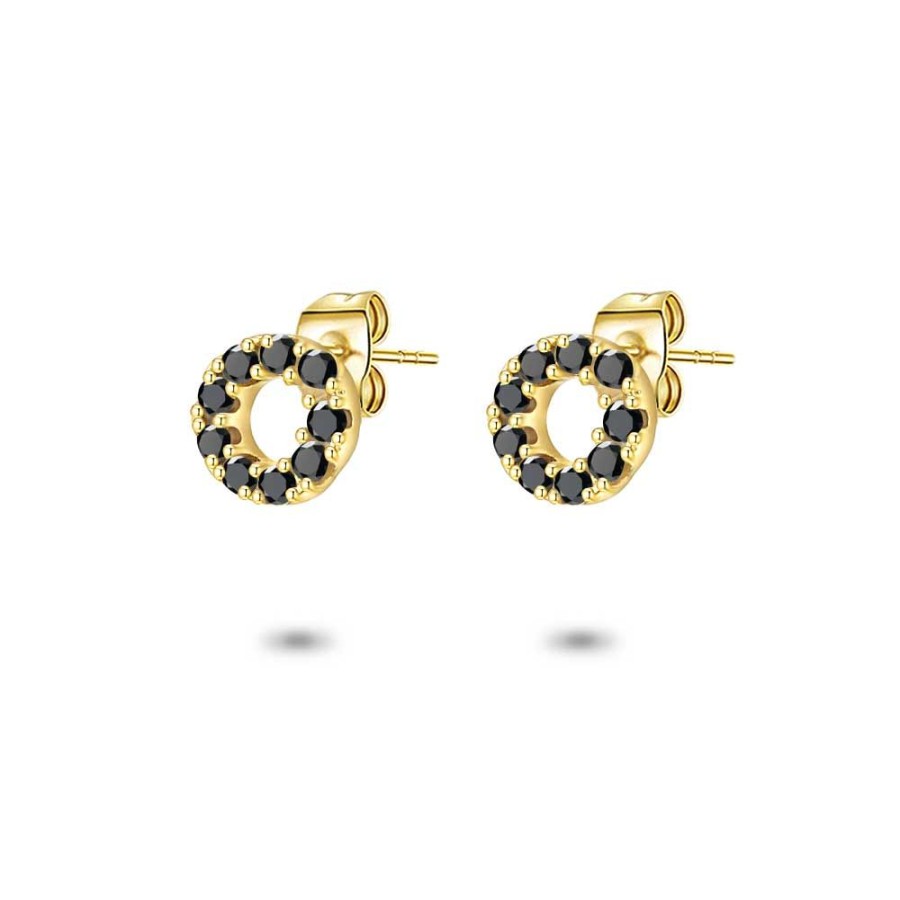 Women Twice As Nice | 18Ct Gold Plated Silver Earrings, 4 Mm Circle, Black Zirconia