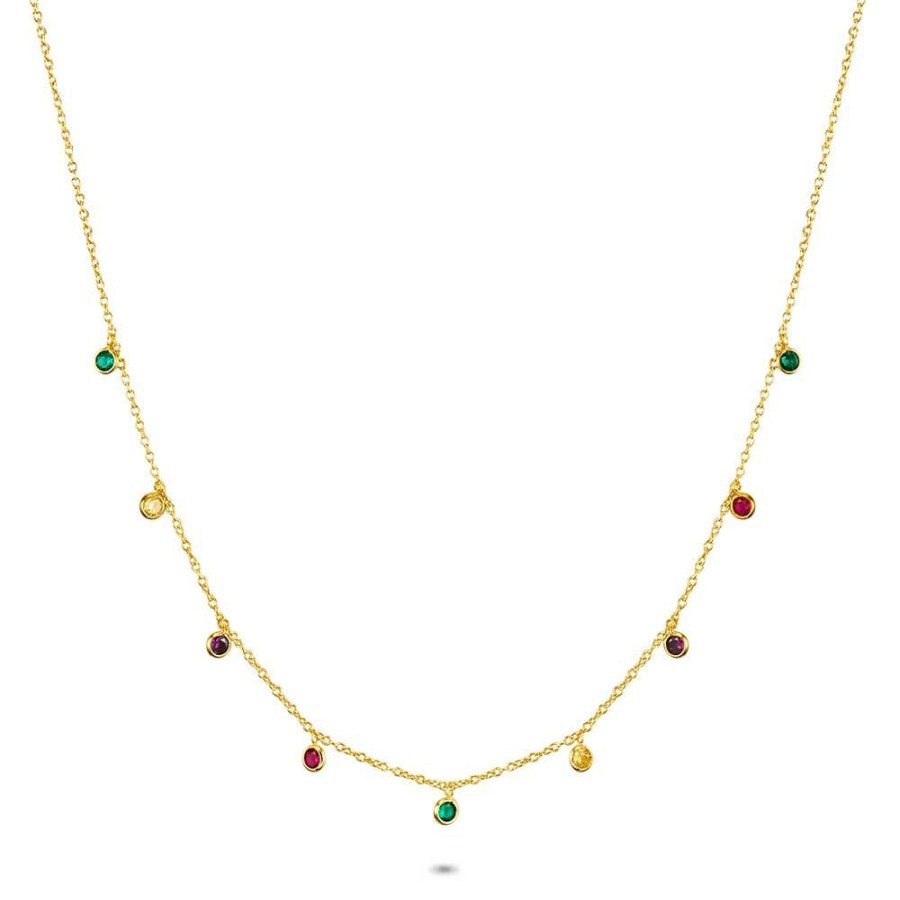 Women Twice As Nice | 18Ct Gold Plated Silver Necklace, 9 Hanging Multicoloured Zirconia, Round