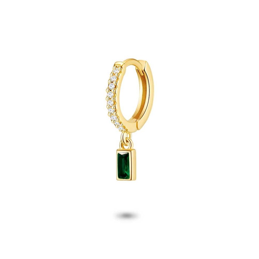 Women Twice As Nice | Earring Per Piece In 18Ct Gold Plated Silver, Hoop, White Zirconia, Hanging Green Emerald Cut Zirconia