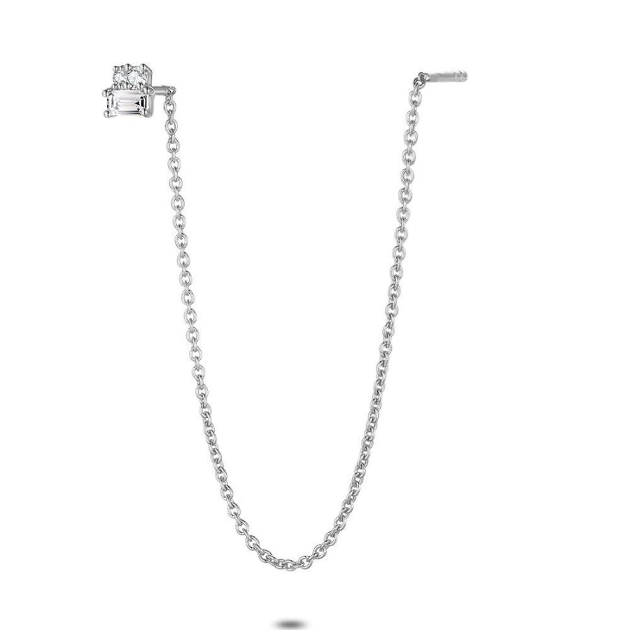 Women Twice As Nice | Silver Earring Per Piece, 3 Zirconia On Chain, 2 Holes