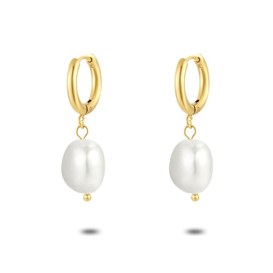 Women Twice As Nice | Gold Coloured Stainless Steel Hoop Earrings, Pearl