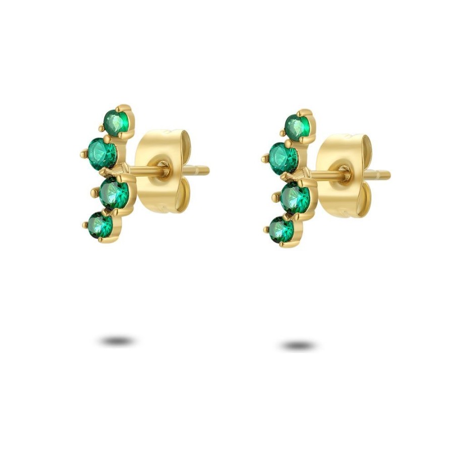 Women Twice As Nice | Earrings In Gold-Tone Stainless Steel, Green Zigzag