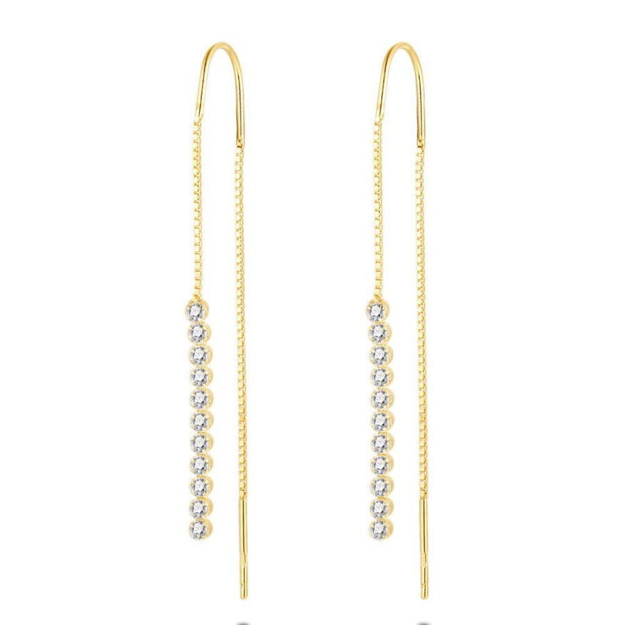 Women Twice As Nice | 18Ct Gold Plated Silver Earrings, 11 Zirconia On A Venitian Pull Through Chain