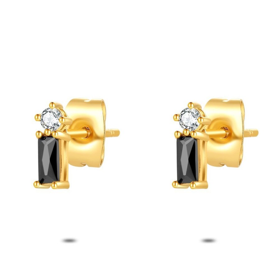 Women Twice As Nice | Gold Coloured Stainless Steel Earrings, Black And White Zirconia