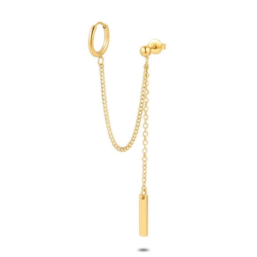 Women Twice As Nice | Earring Per Piece In Gold-Coloured Stainless Steel, Hoop, 2 Chains, Rectangle