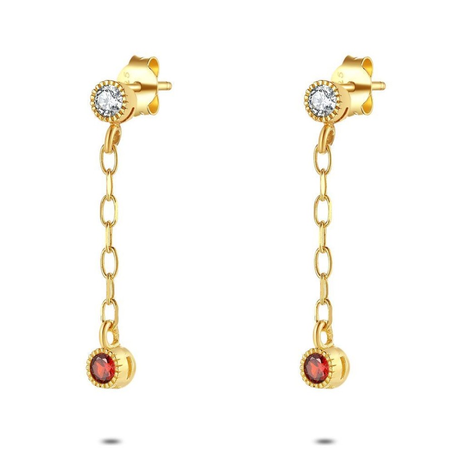 Women Twice As Nice | 18Ct Gold Plated Silver Earrings, Fuchsia And White Zirconia