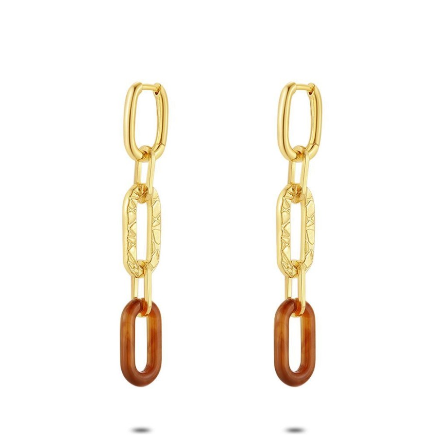 Women Twice As Nice | High Fashion Hanging Earrings, Oval Links, Hammered, Brown Resin