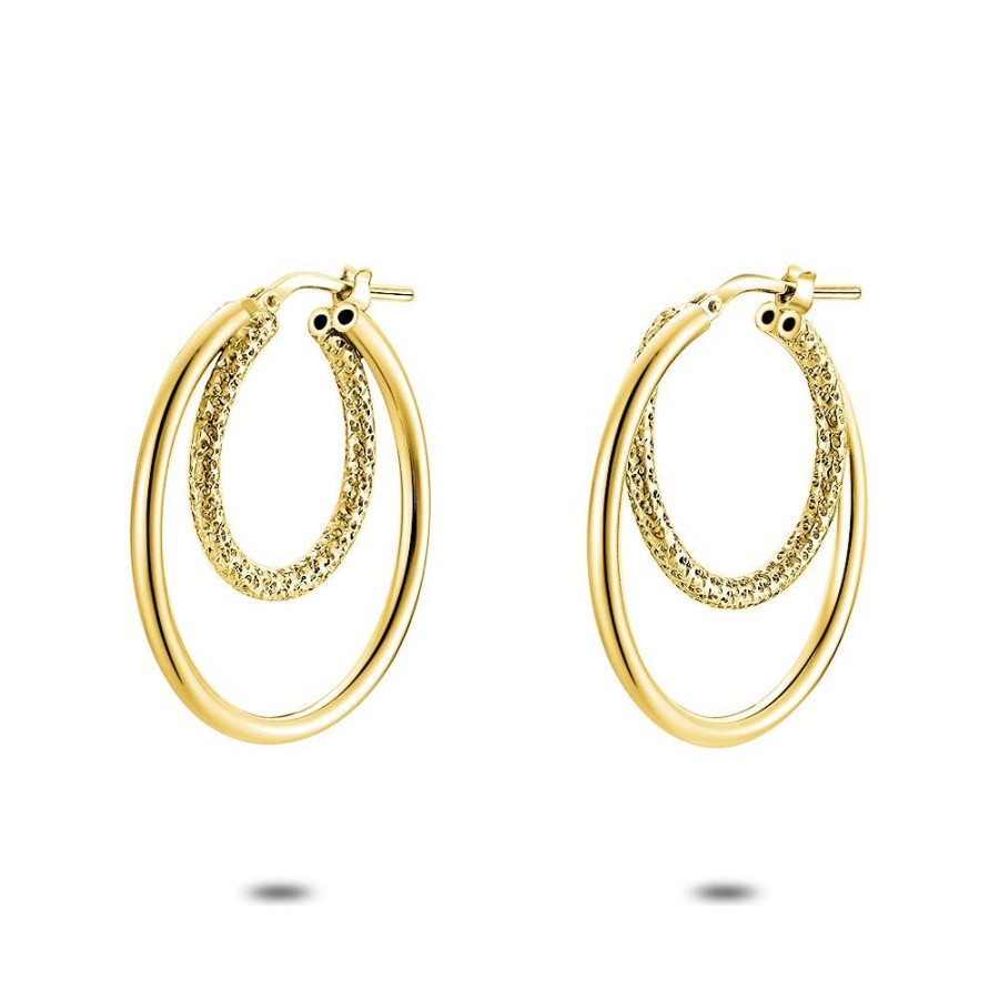 Women Twice As Nice | Double 18Ct Gold Plated Earrings, Double Hoops, Plain And Hammered