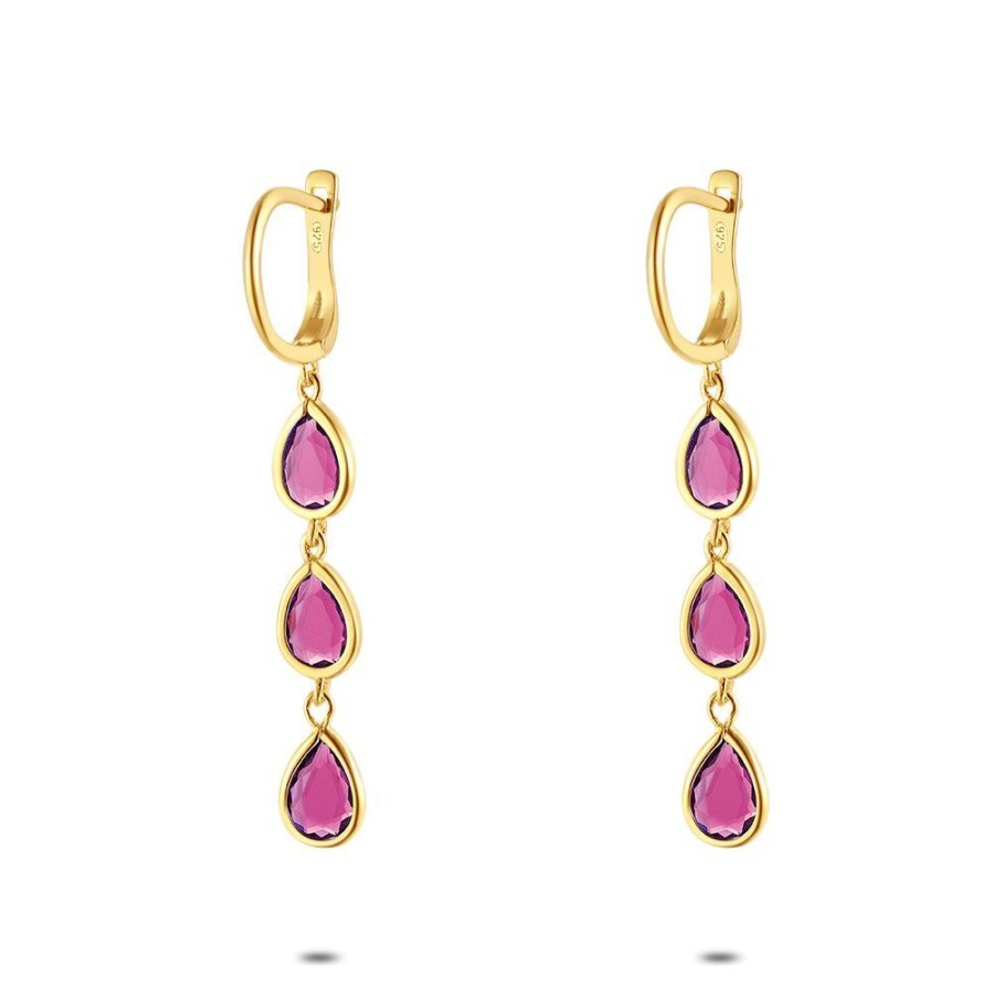 Women Twice As Nice | 18Ct Gold Plated Silver Earrings, Fuchsia Zirconia