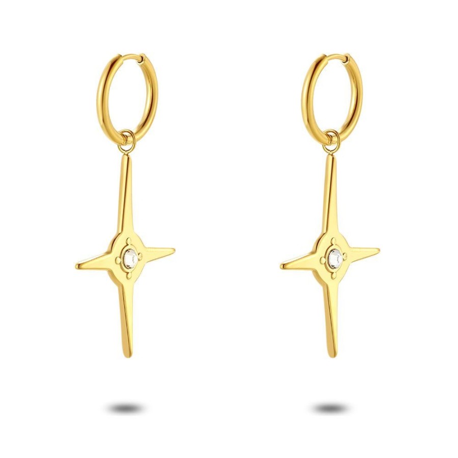 Women Twice As Nice | Gold Coloured Stainless Steel Earrings, Star With 1 Crystal