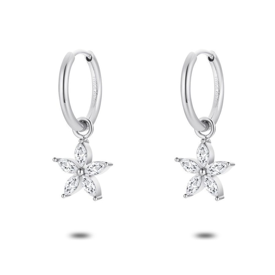 Women Twice As Nice | Stainless Steel Earrings, Hoop With Flower And 5 White Zirconia Stones