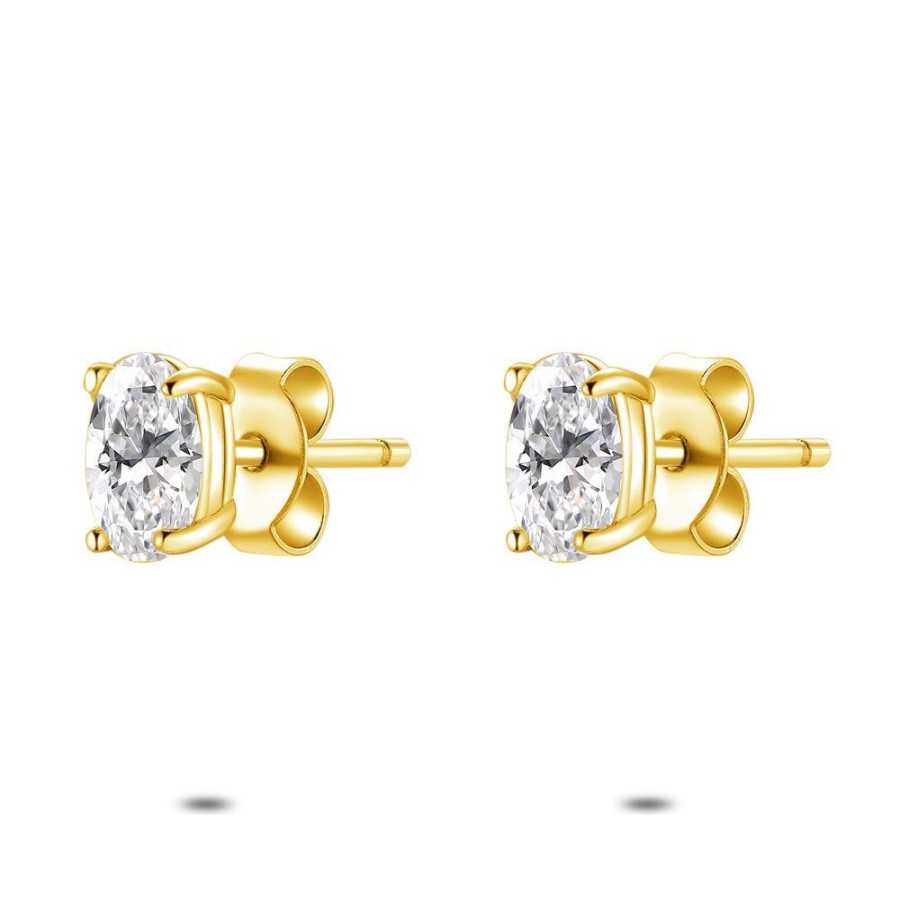 Women Twice As Nice | 18Ct Gold Plated Silver Earrings, Oval Zirconia