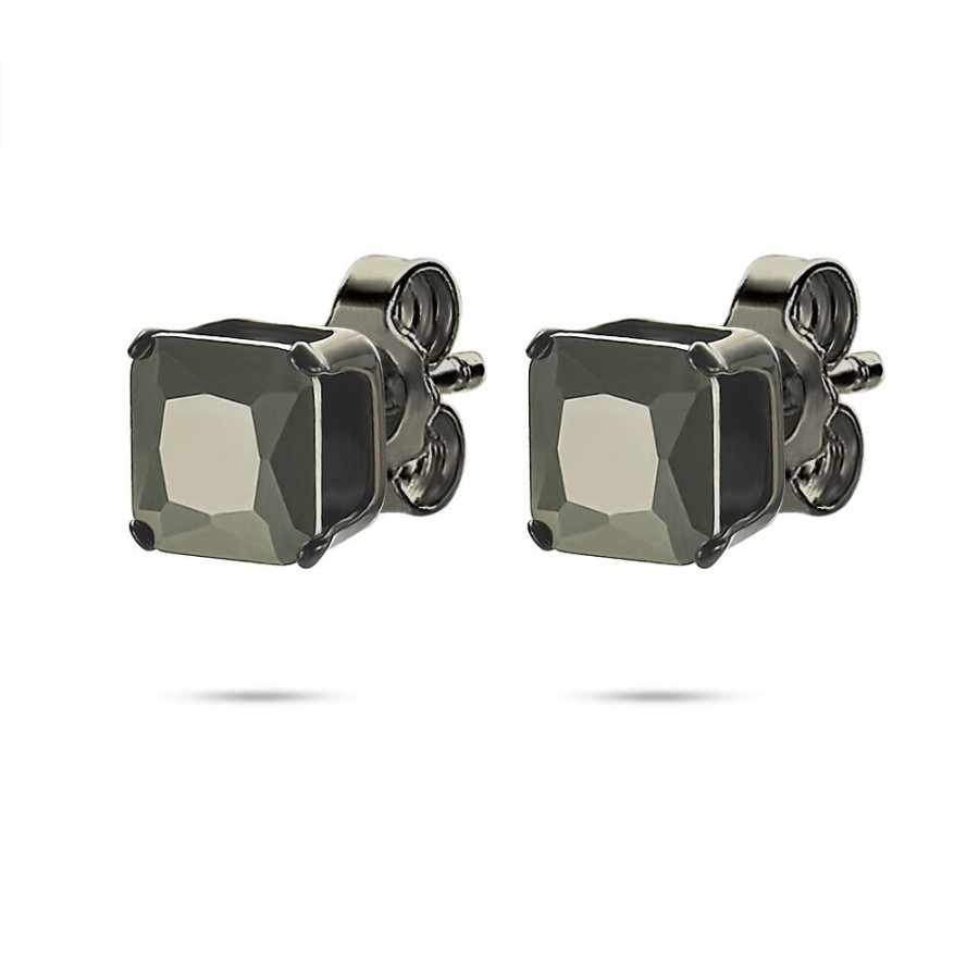 Women Twice As Nice | Black Stainless Steel Earrings, Squared, Black Stone