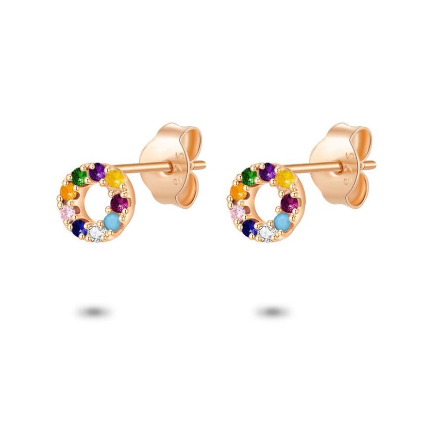 Women Twice As Nice | Rose Silver Earrings, Circle, Multi-Coloured Zirconia