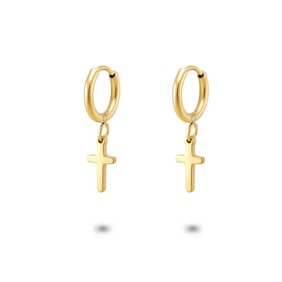 Women Twice As Nice | Gold Coloured Stainless Steel Earrings, Hoop With Small Cross