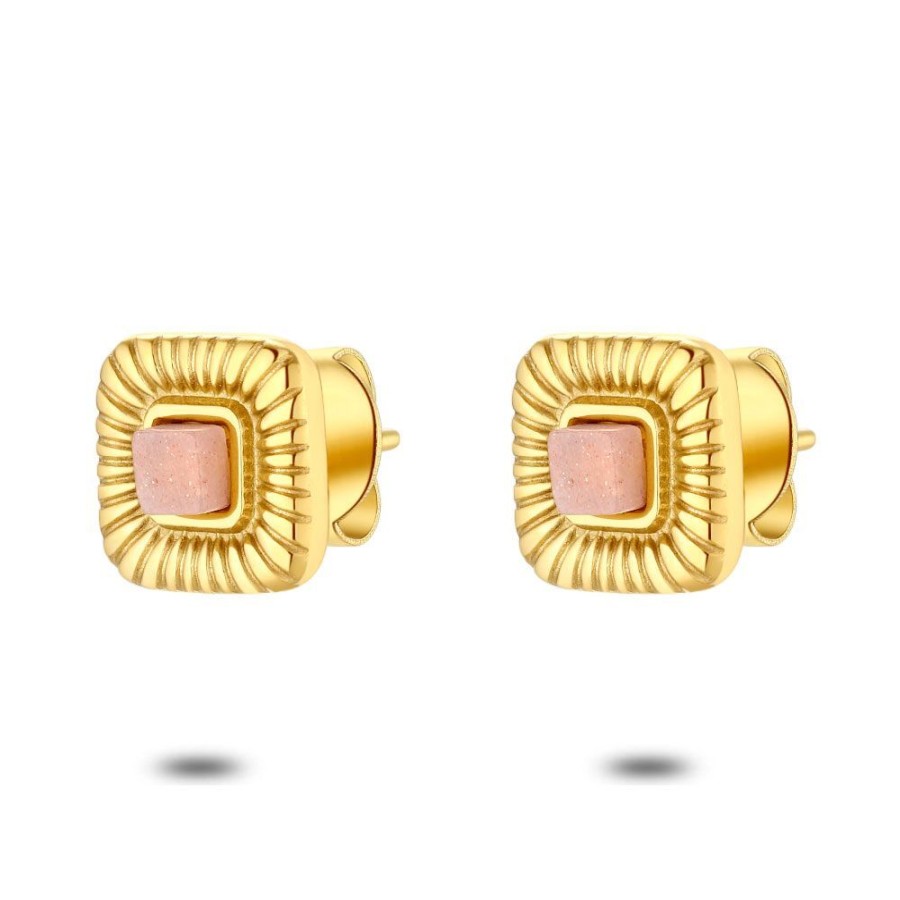 Women Twice As Nice | Gold Coloured Stainless Steel Earrings, Orange Stone, Square