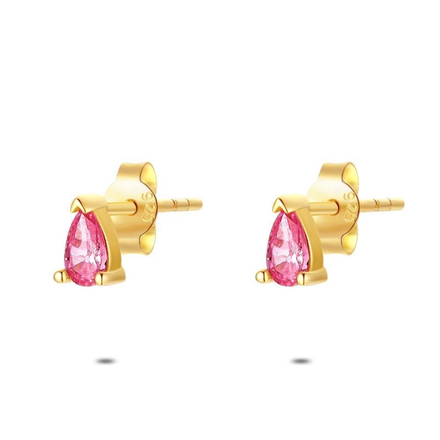 Women Twice As Nice | 18Ct Gold Plated Silver Earrings, Drop, Fuchsia Zirconia