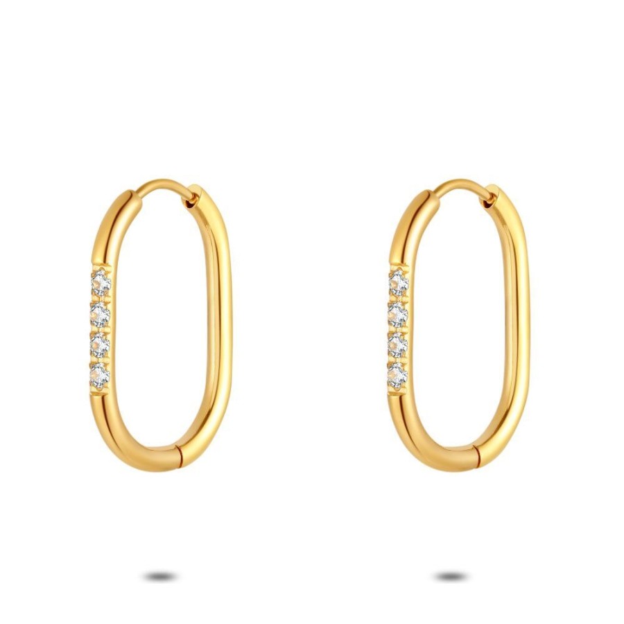 Women Twice As Nice | Gold Coloured Stainless Steel Earrings, Oval Hoop Earring, Stones