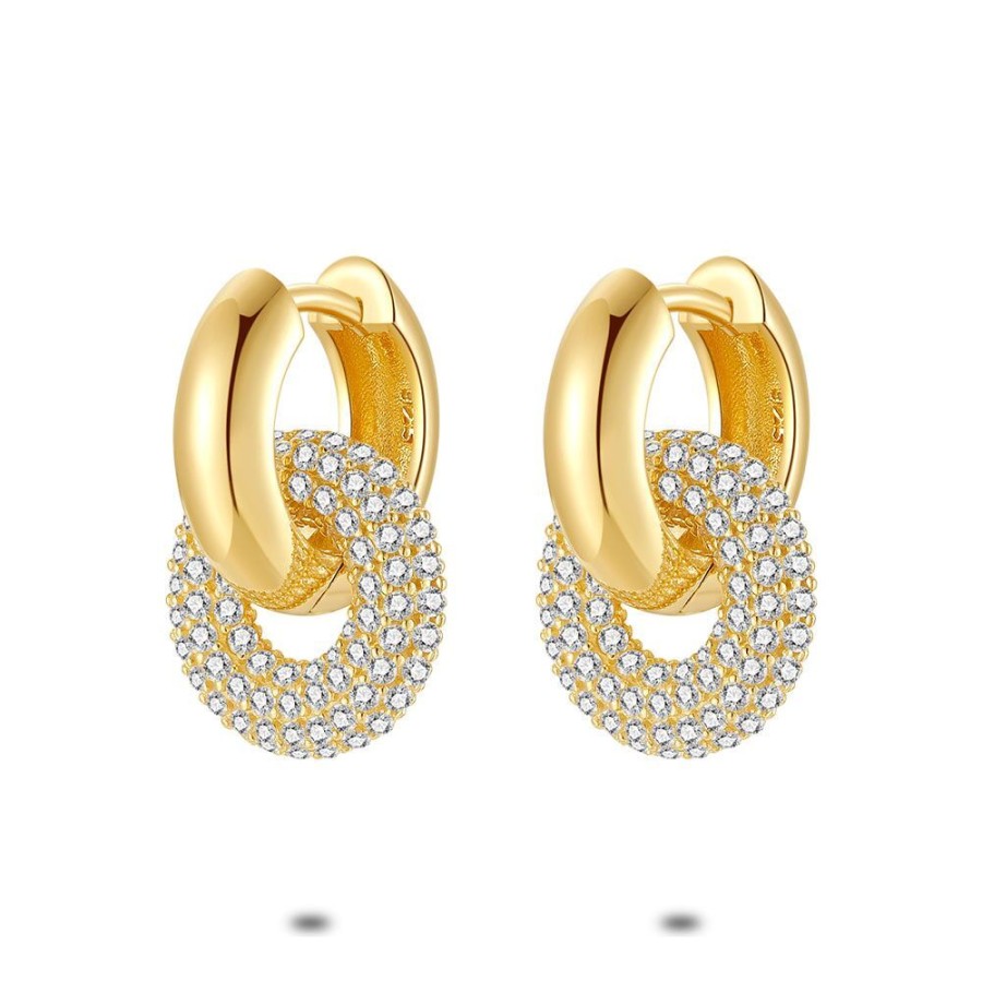 Women Twice As Nice | 18Ct Gold Plated Silver Hoop Earrings, Donut With Zirconia