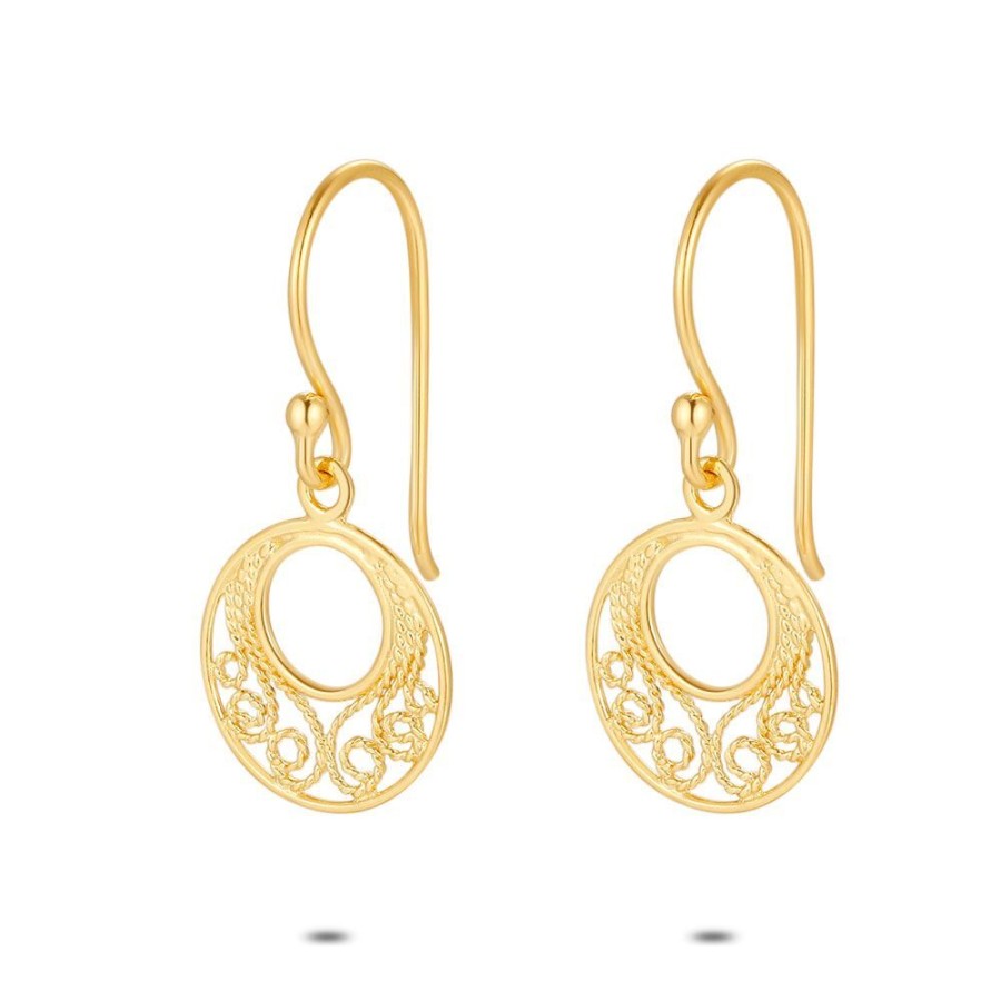 Women Twice As Nice | 18Ct Gold Plated Silver Earrings, Open Round On A Hook, Frizzed