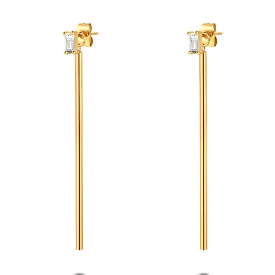 Women Twice As Nice | Gold Coloured Stainless Steel Earrings, Rectangular Zirconia And Bar