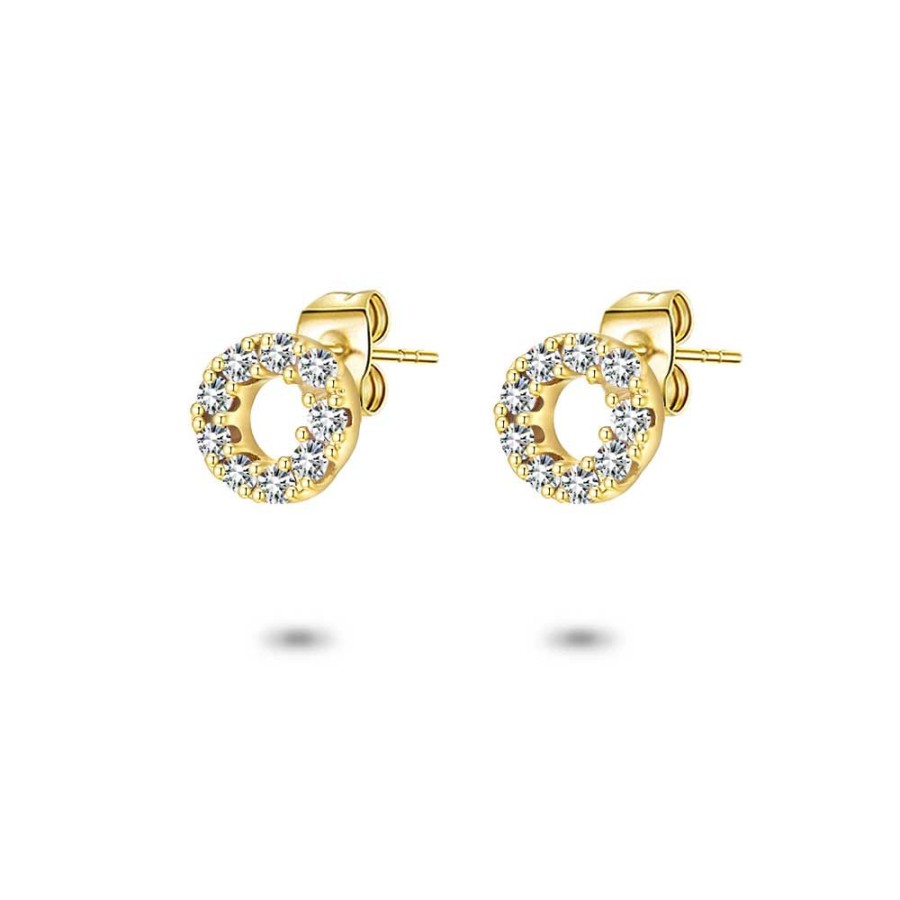 Women Twice As Nice | 18Ct Gold Plated Silver Earrings, Circle With White Zirconia