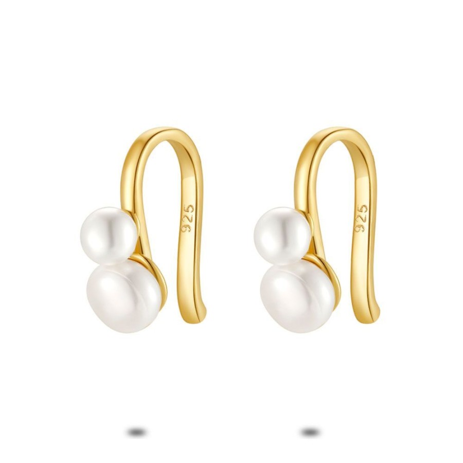 Women Twice As Nice | 18Ct Gold Plated Silver Earrings, Gold-Coloured, 2 Pearls