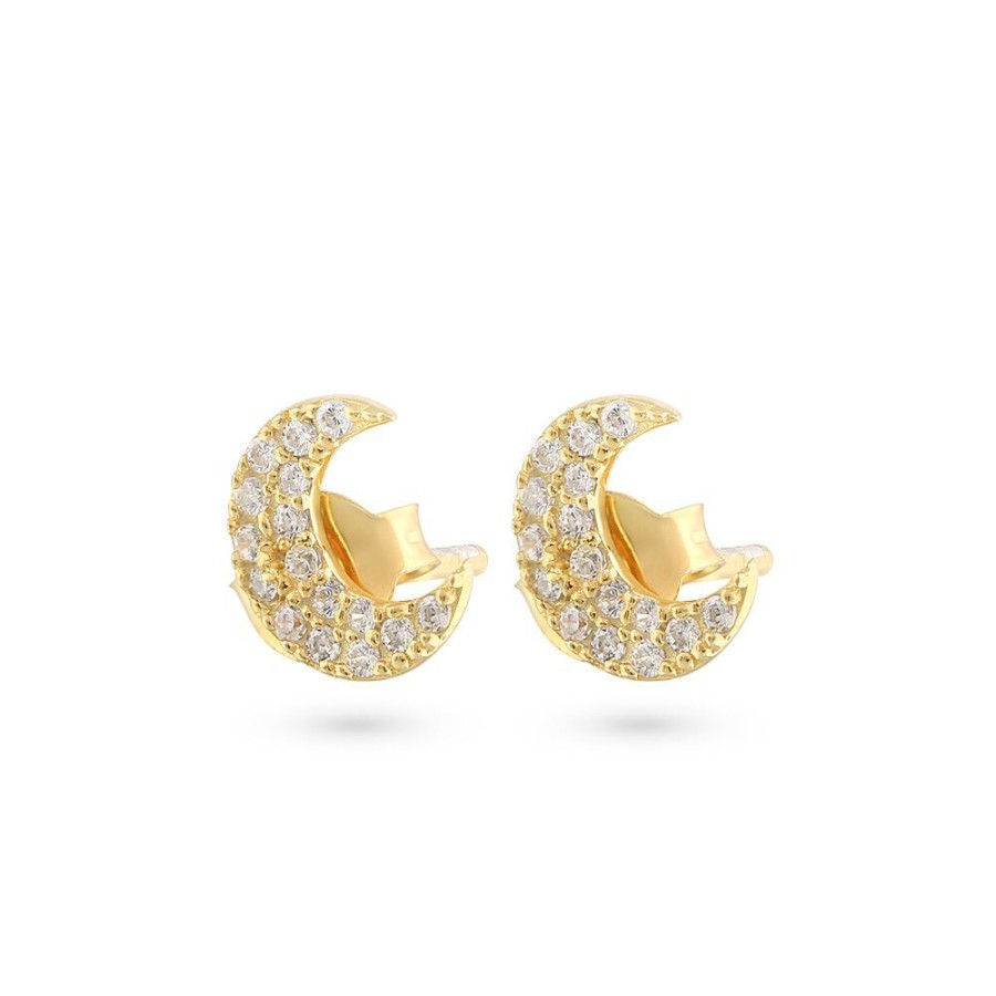 Women Twice As Nice | 18Ct Gold Plated Silver Earrings, Moon In Zirconia