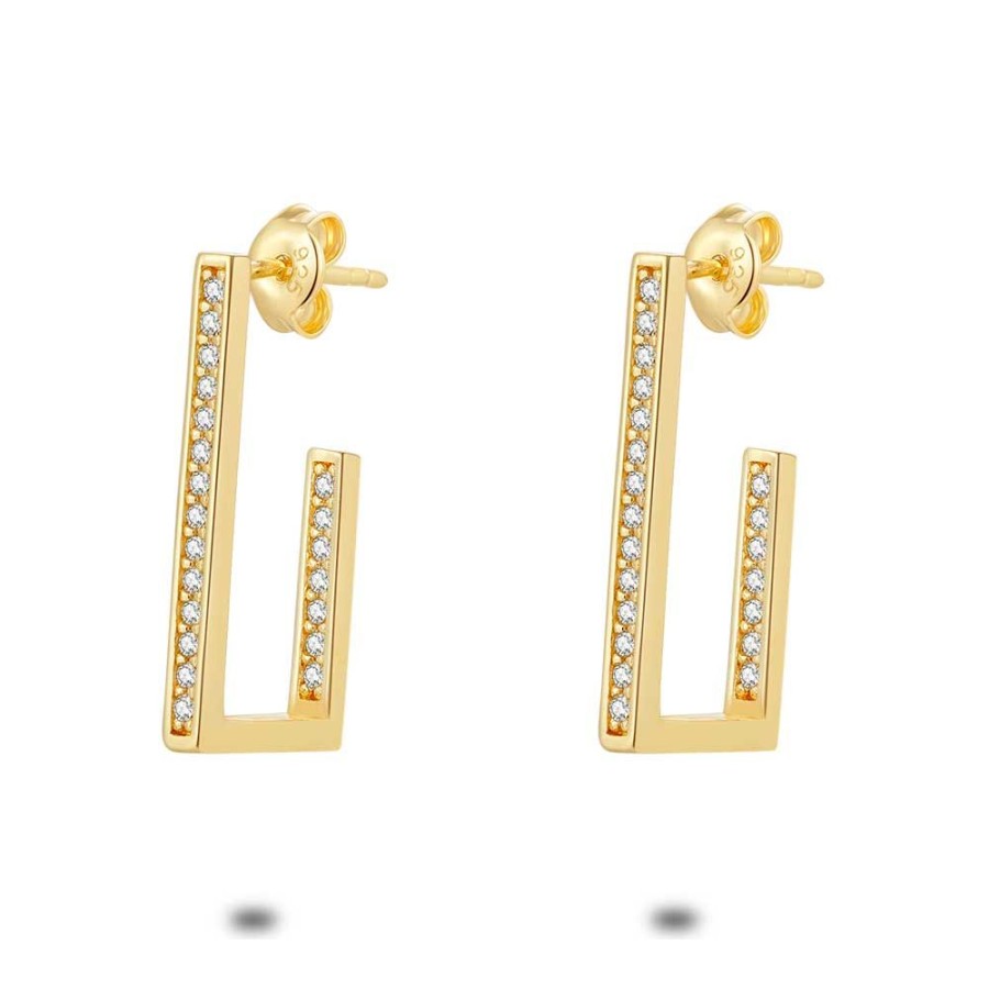 Women Twice As Nice | 18Ct Gold Plated Silver Earrings, Open Rectangle With Zirconia