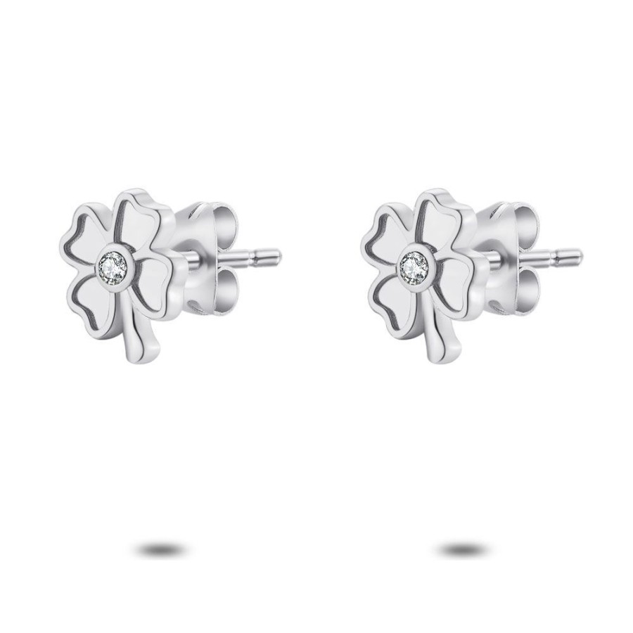 Women Twice As Nice | Stainless Steel Earrings, Clover, 1 Zirconia