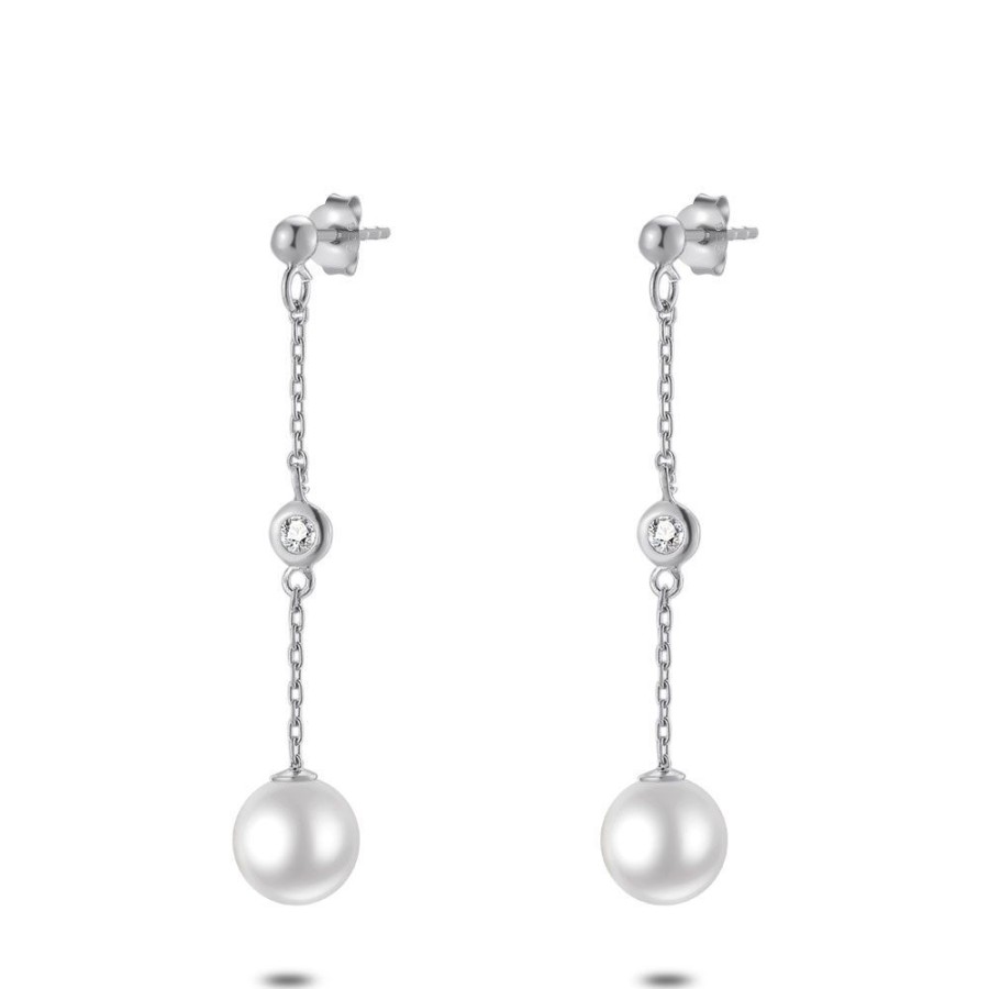 Women Twice As Nice | Silver Earrings, Pearl On Chain, 1 Zirconia On Chain