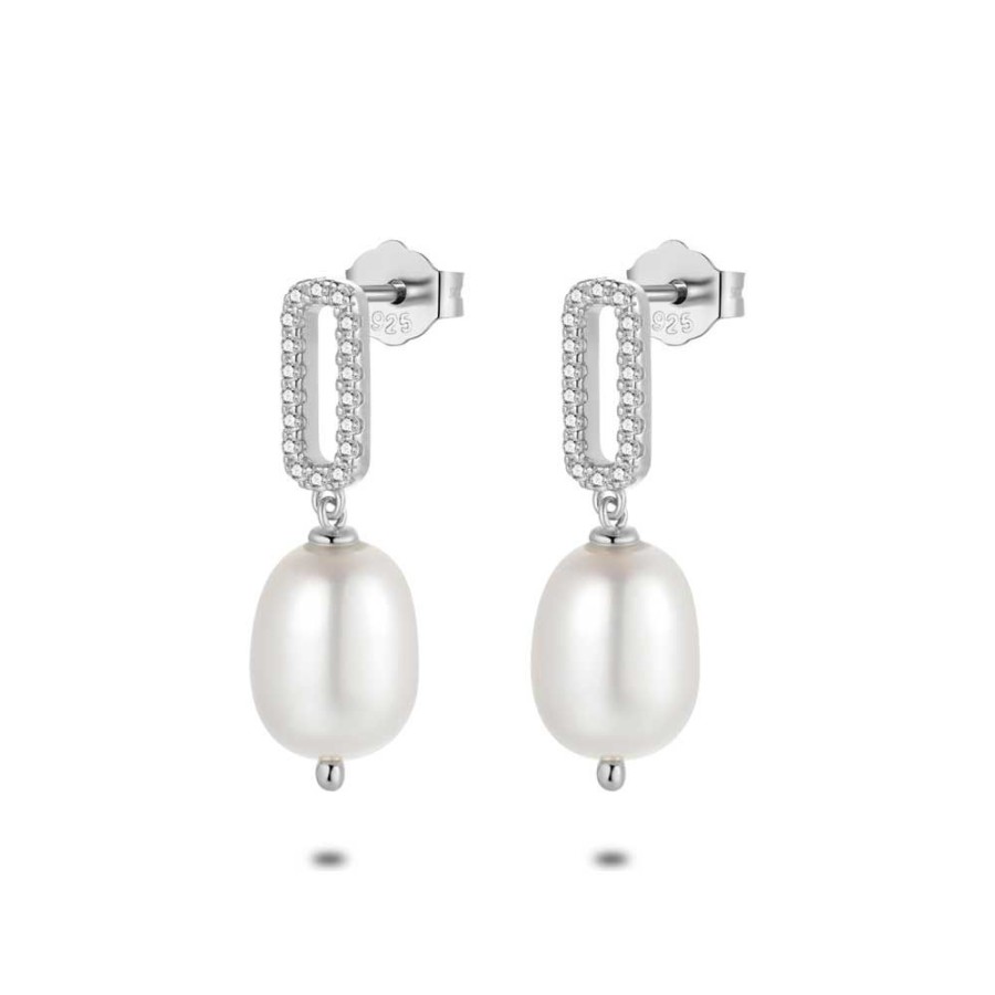 Women Twice As Nice | Silver Earrings, Oval With Zirconia, Freshwater Pearl