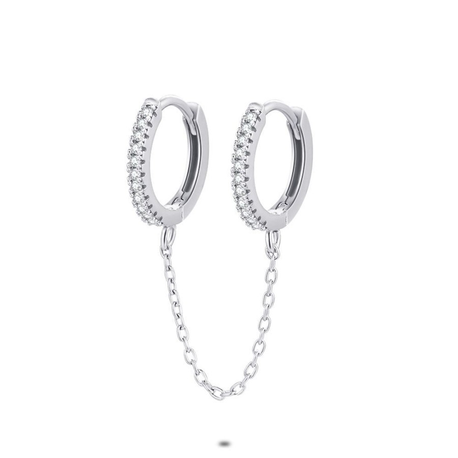 Women Twice As Nice | Silver Earring Per Piece, 2 Hoops On A Chain, Zirconia