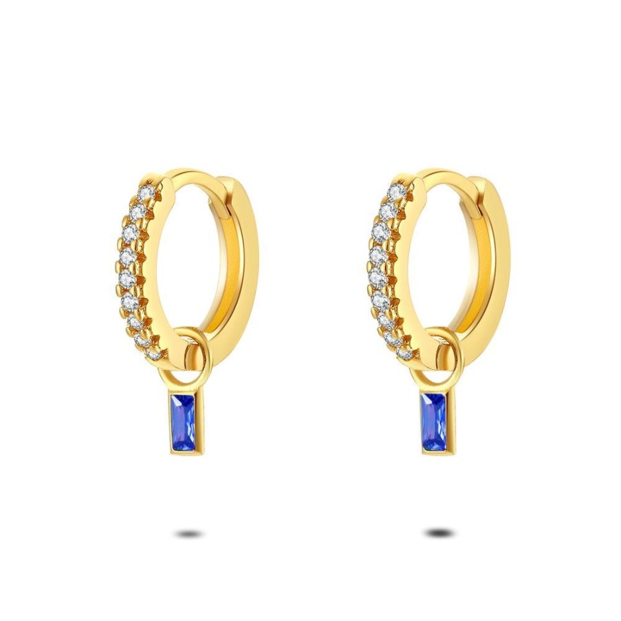 Women Twice As Nice | 18Ct Gold Plated Silver Earrings, Earring In White Zirconia, Rectangle In Blue Zirconia