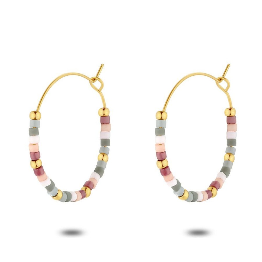 Women Twice As Nice | Gold Coloured Stainless Steel Earrings, Pink And Grey Miyuki Beads