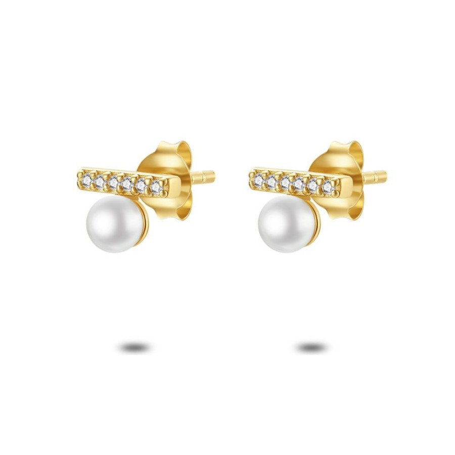 Women Twice As Nice | 18Ct Gold Plated Silver Earrings, Bar With 6 Zirconia, 1 Pearl