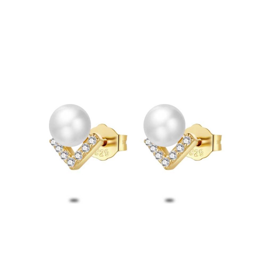 Women Twice As Nice | 18Ct Gold Plated Silver Earrings, Sweetwater Pearl, V In Zirconia