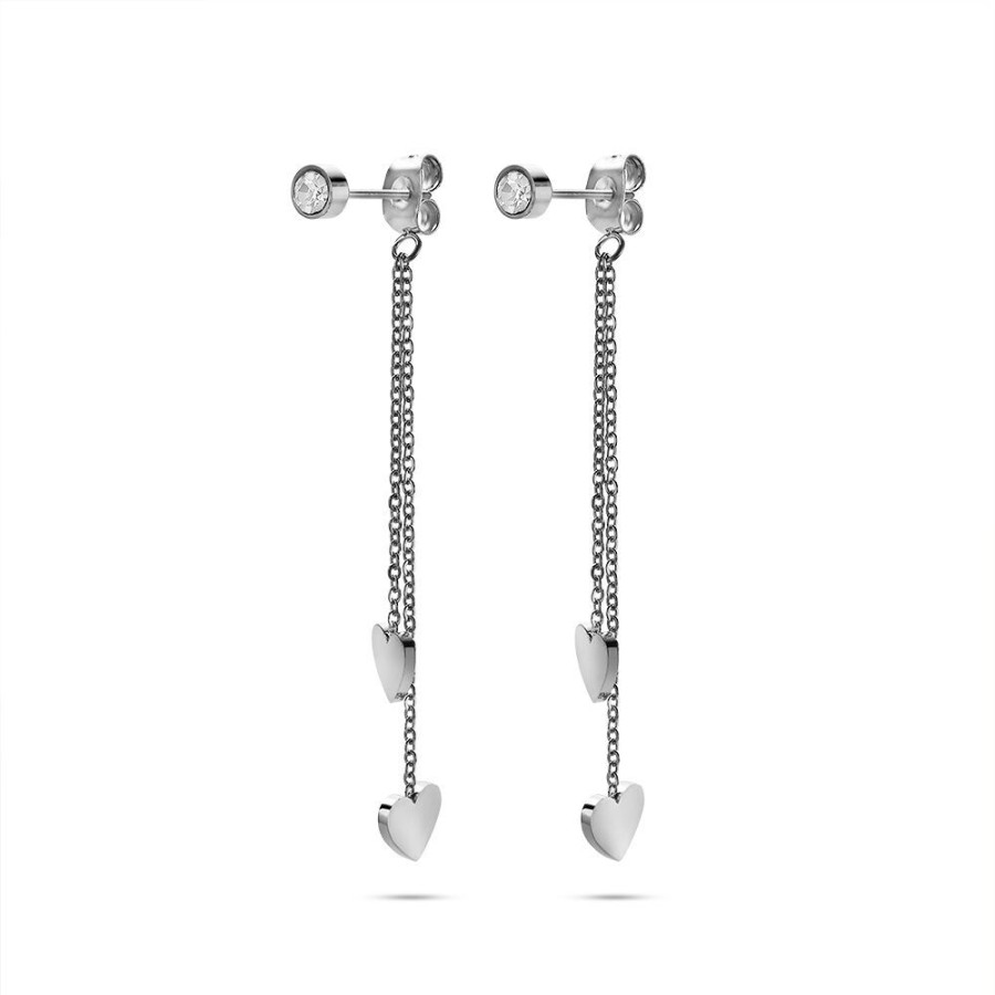 Women Twice As Nice | Stainless Steel Earrings, 1 Crystal, 2 Chains With Hearts