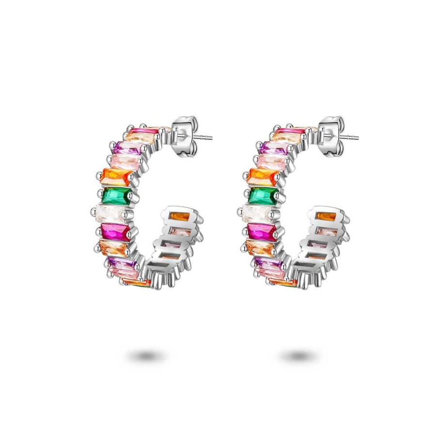 Women Twice As Nice | Silver Earrings, Open Oorring, Multikleurige Baguette Zirconia, Zigzag